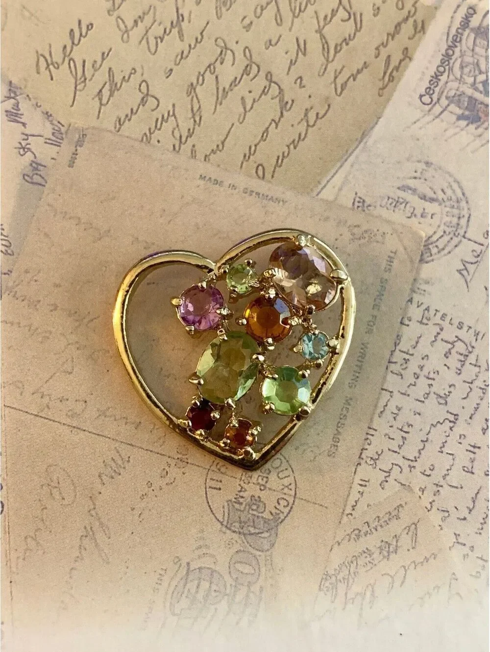 Vintage Avon Charming Gold-Tone Heart Pendant with Colorful Gemstones Sparkle